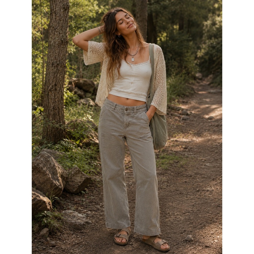 Old Navy tan Corduroy Wide Leg Pants Womens 14 Regular Mid Rise granola Boho Y2K